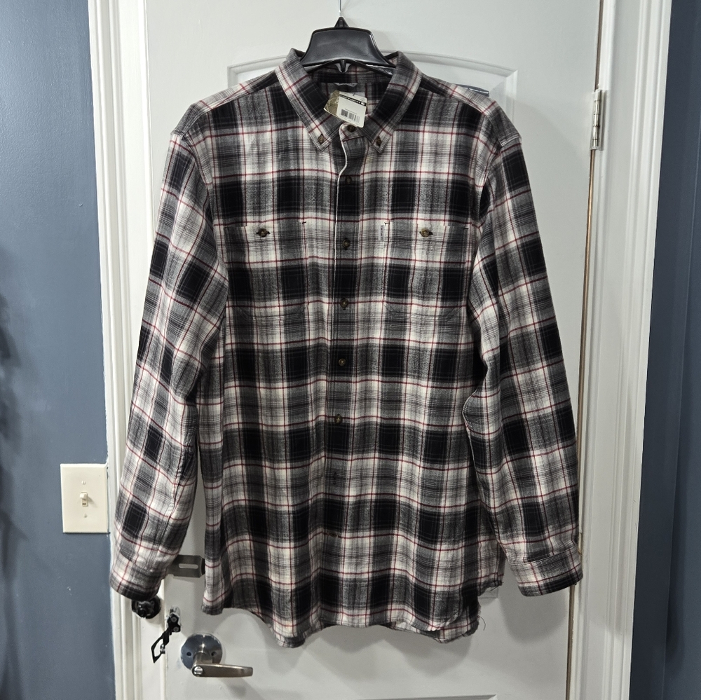 Black, White & Red Plaid Flannel Shirt
